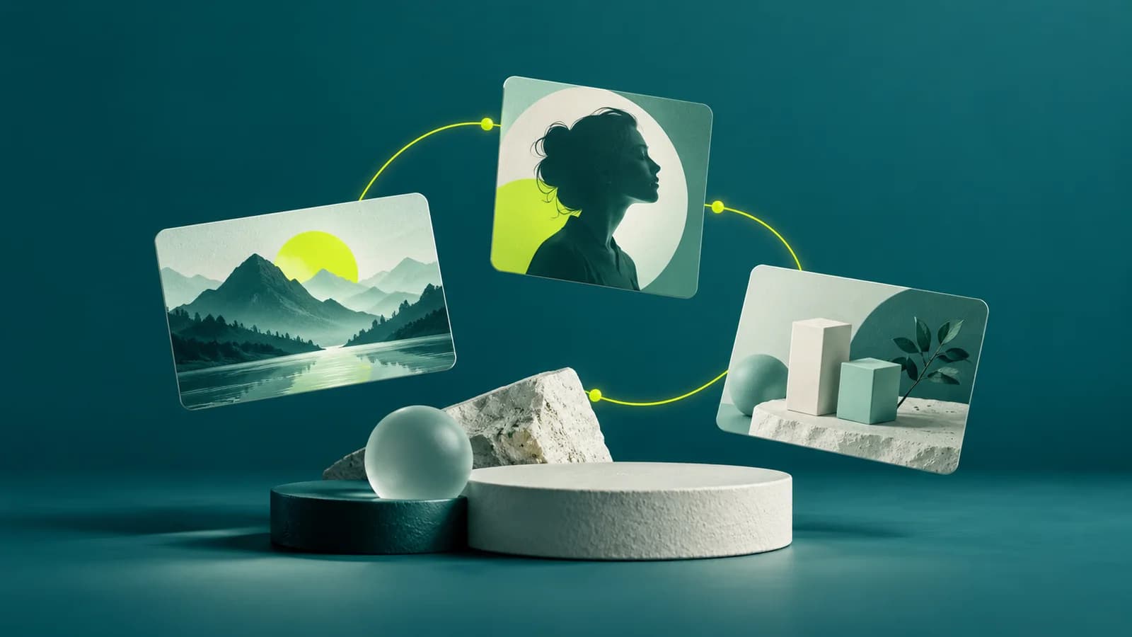 Three illustrated thumbnail compositions connected on a teal background
