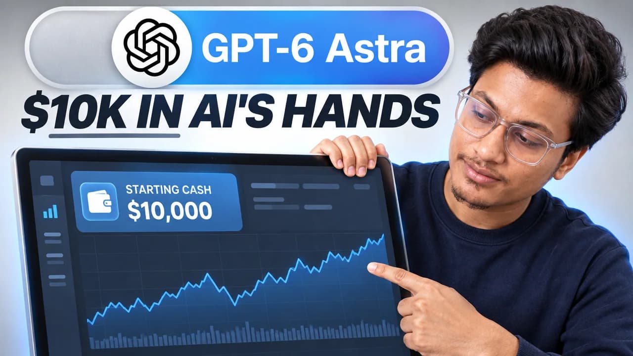 Creator examining a $10,000 trading dashboard beneath GPT-6 Astra lettering