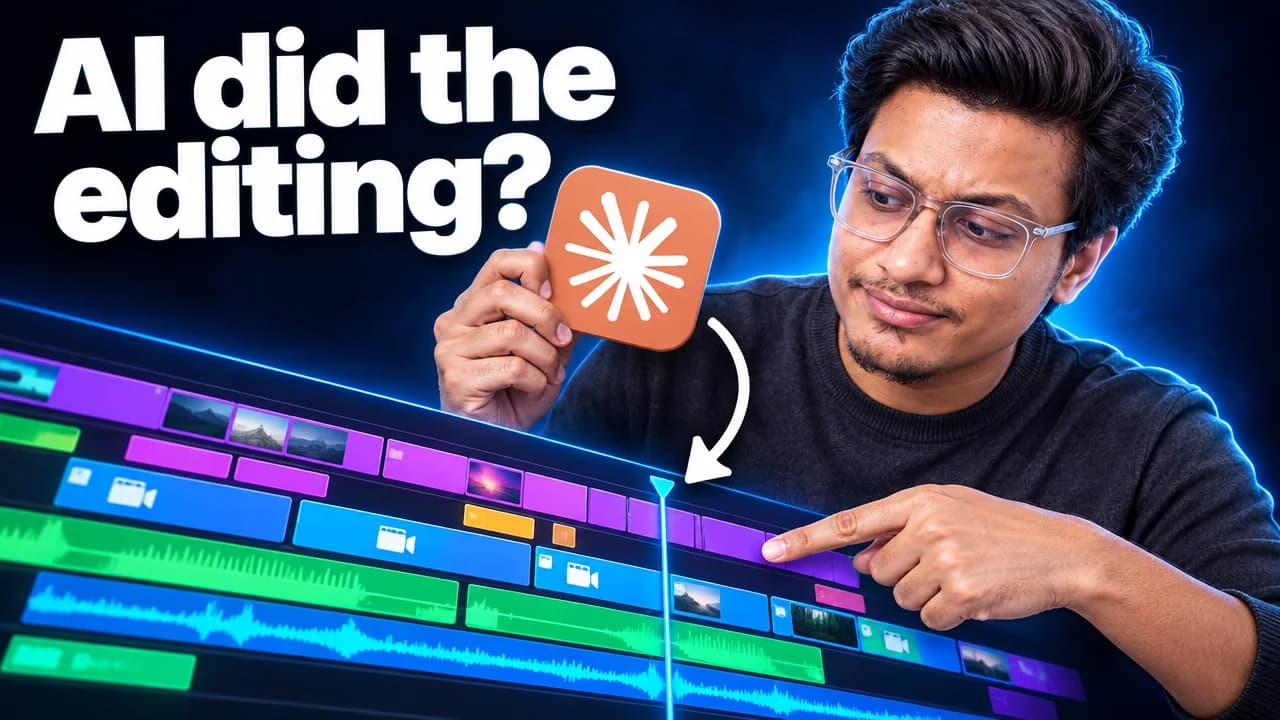 Creator holding a Claude icon beside a bright video editing timeline