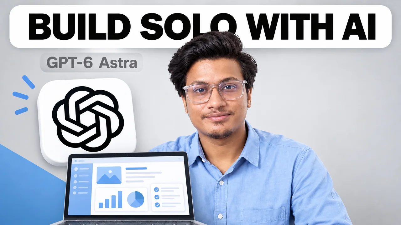Creator holding a laptop dashboard and OpenAI logo beneath Build Solo With AI lettering