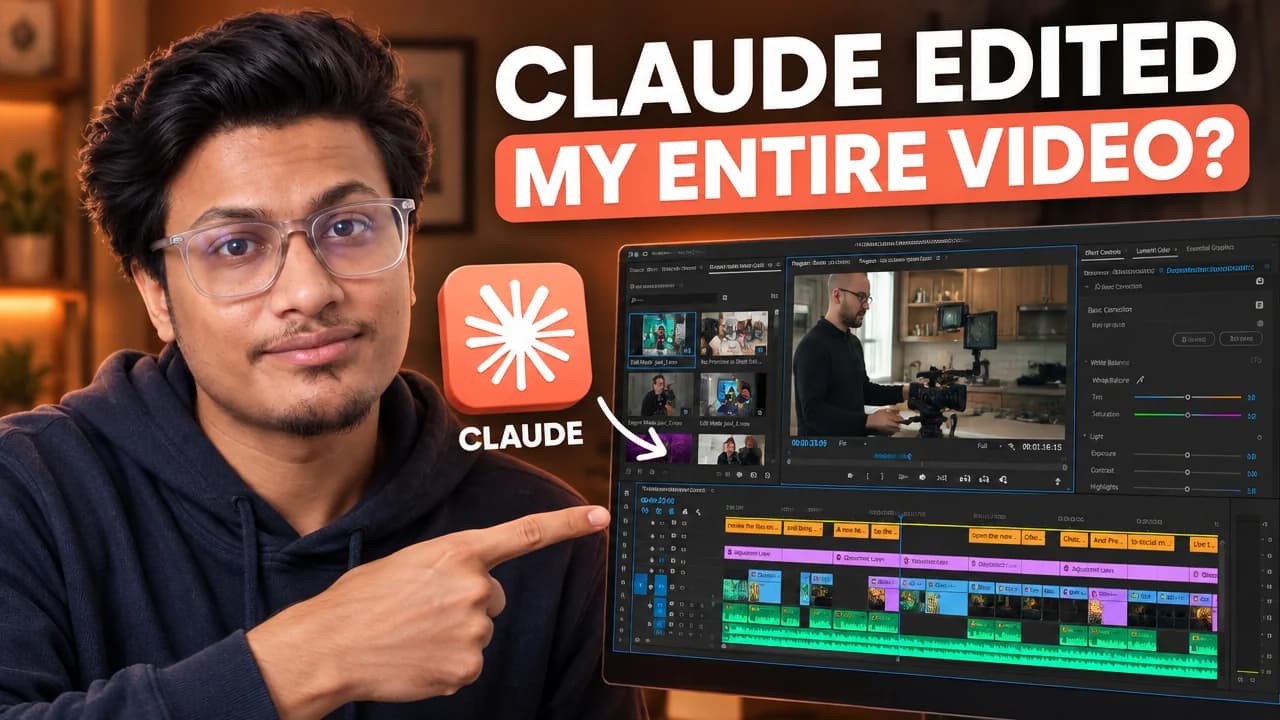 Creator pointing at a video editing monitor beside a Claude logo