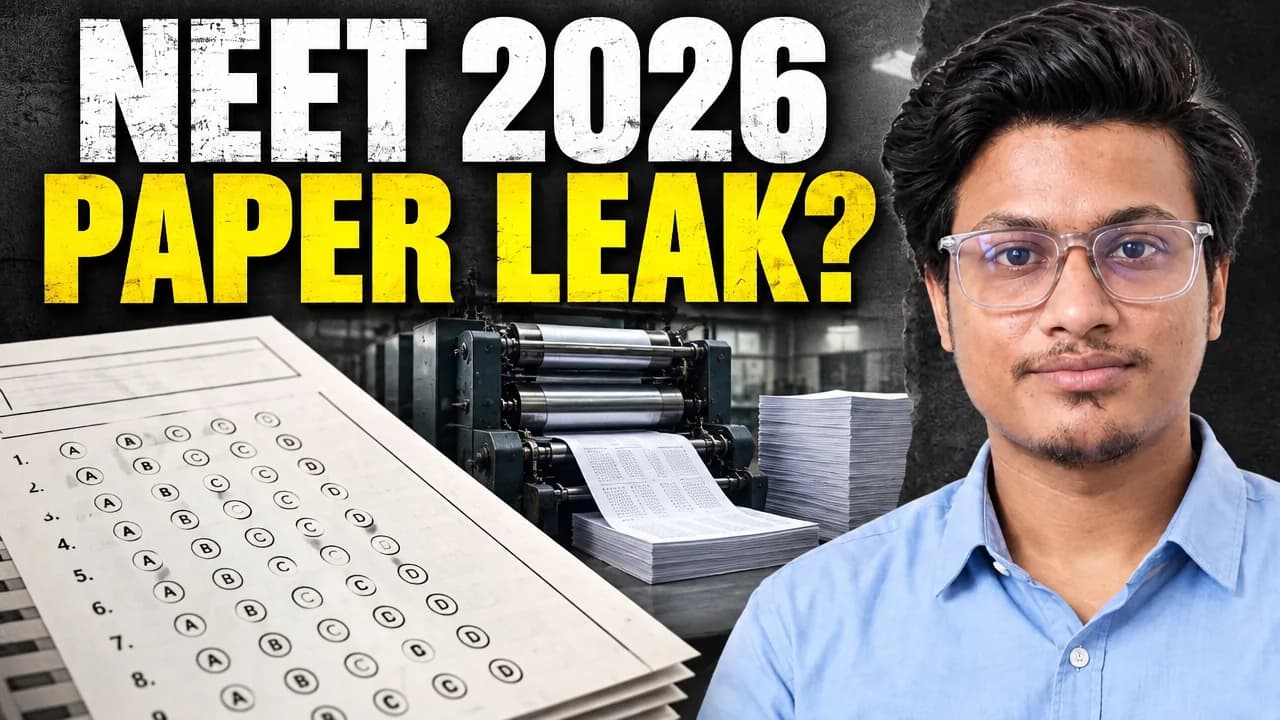 Presenter holding an exam paper beside bold NEET 2026 Paper Leak lettering