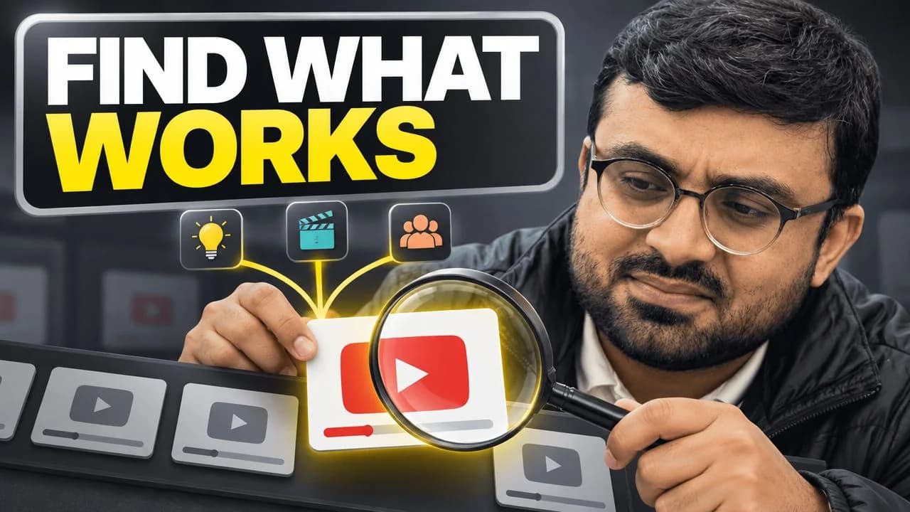 Creator pointing to a highlighted successful video tile beneath Find What Works lettering