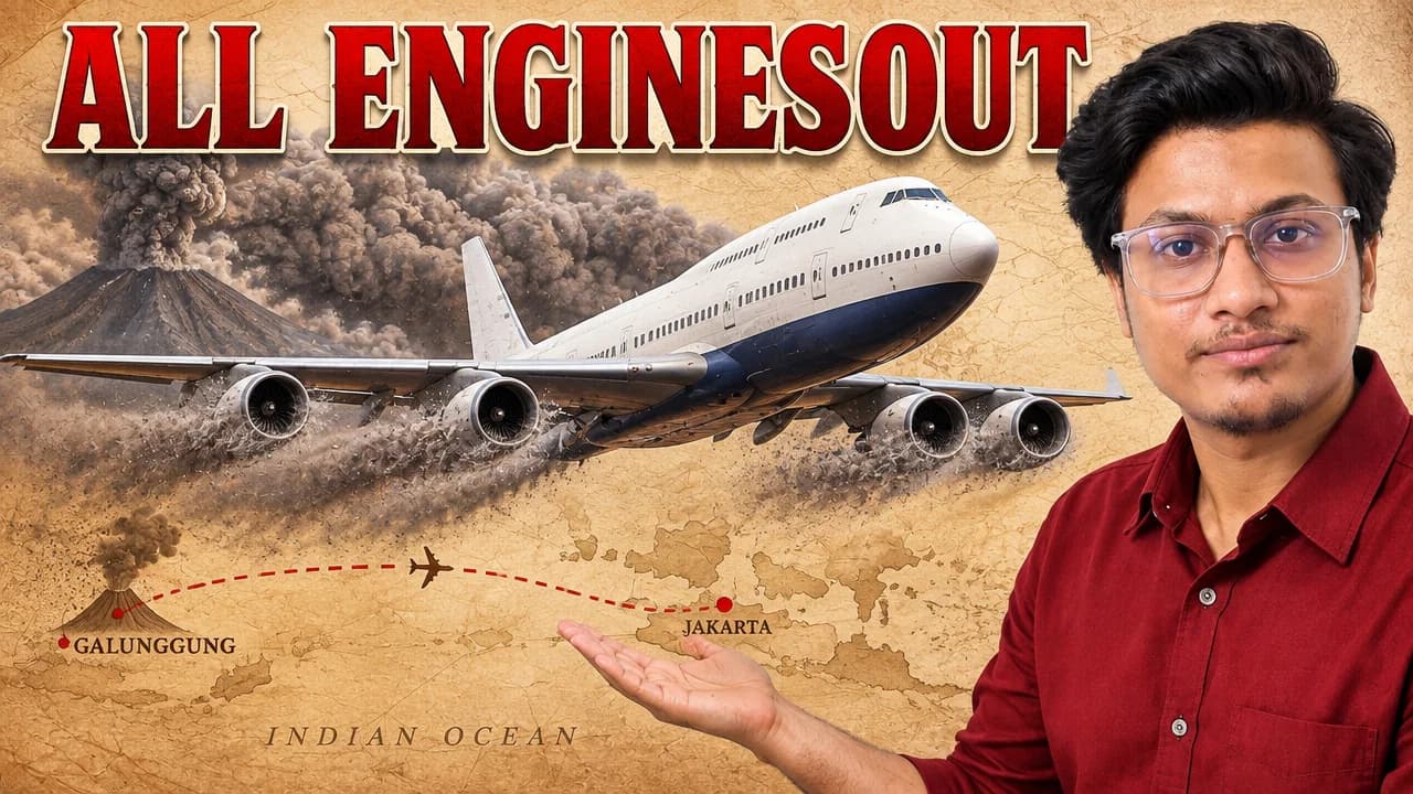 Presenter beside a Boeing 747 in volcanic ash beneath All Engines Out lettering