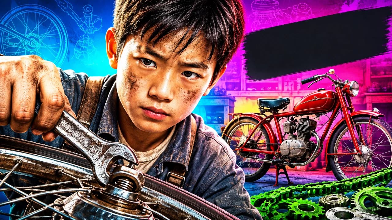 Young mechanic beside a vintage motorcycle and vivid workshop artwork