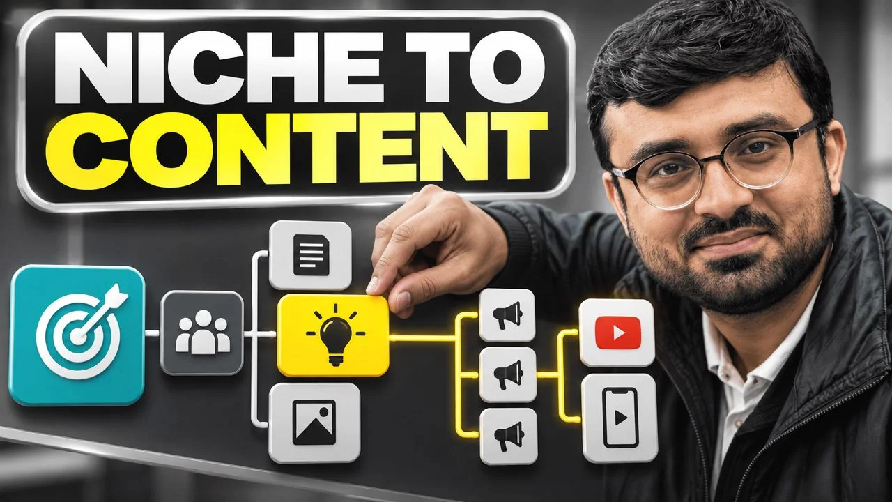 Creator beside a niche to content flowchart with bright icons