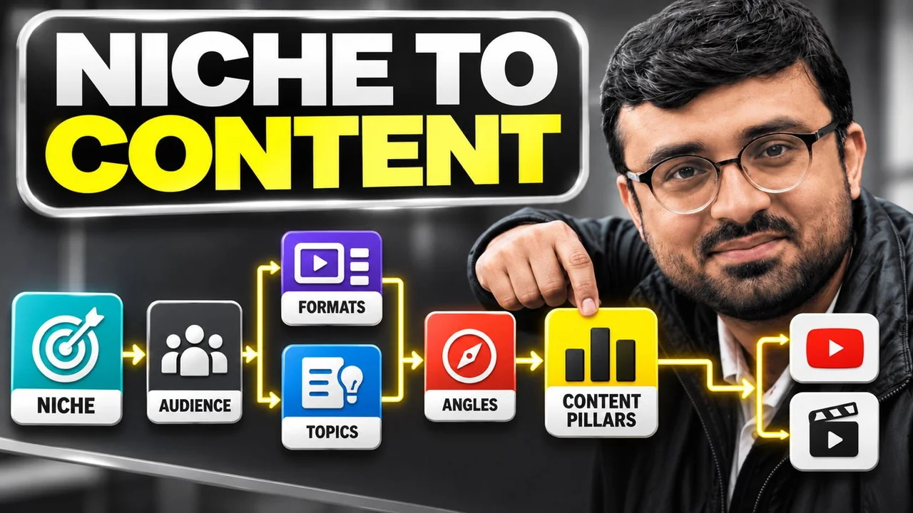 Creator beside a content planning board with niche audience and topic tiles