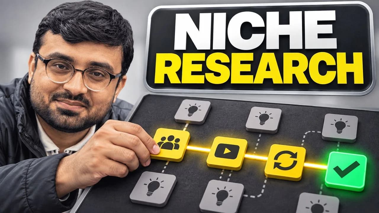 Creator beside a linked research workflow beneath Niche Research lettering