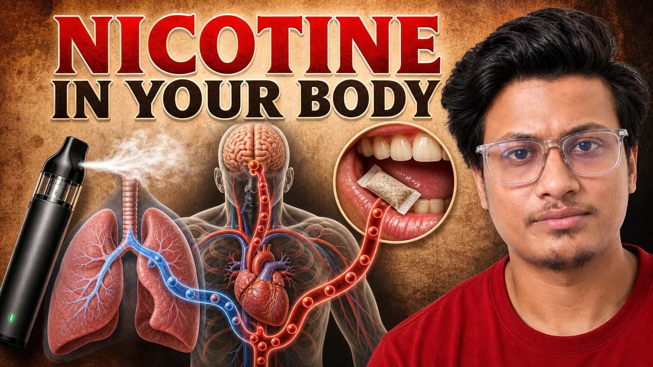 Presenter beside an anatomical cutaway showing nicotine and its path through the body