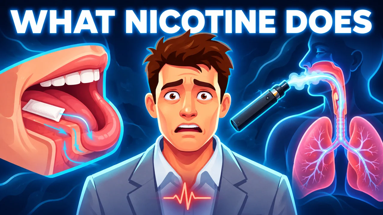 Illustrated presenter beside an anatomical diagram of lungs and nicotine
