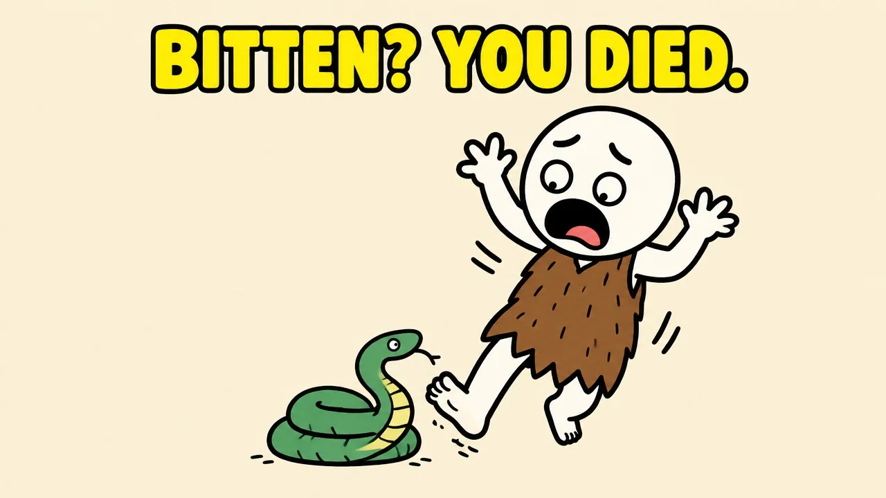 Illustrated prehistoric character reacting to a snake bite beneath Bitten You Died lettering