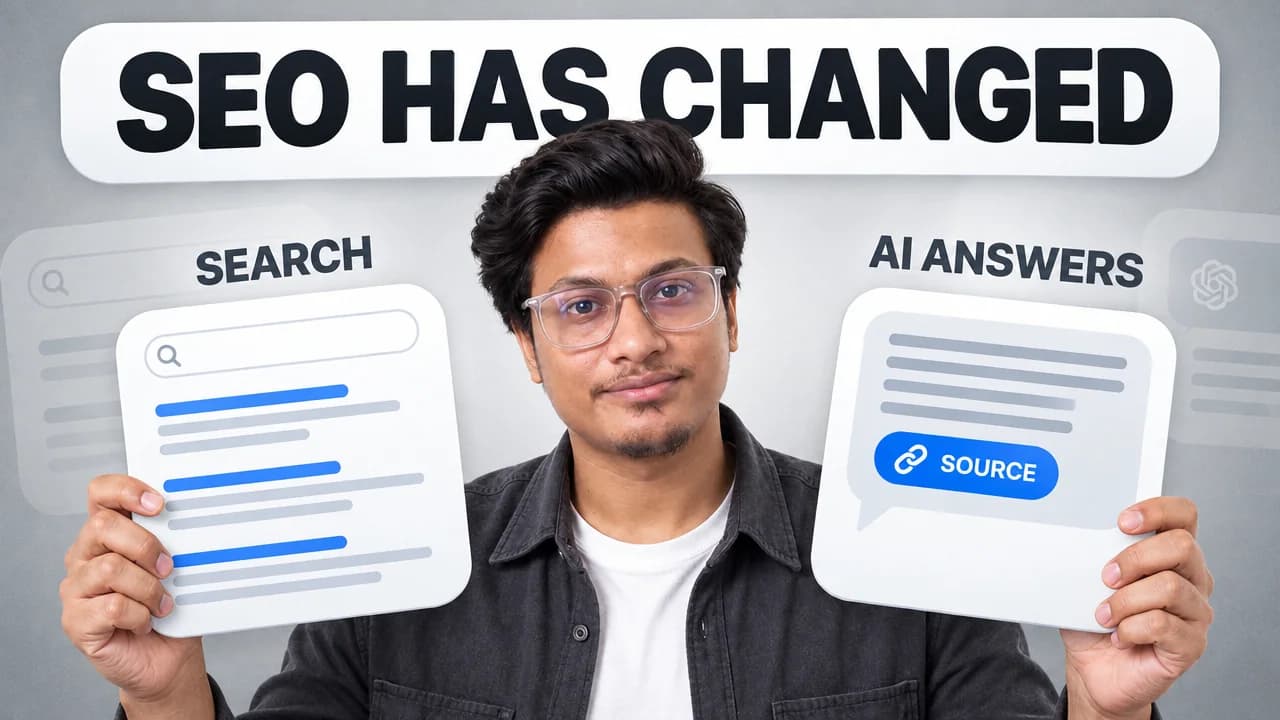 Creator holding search and AI answer cards beneath SEO Has Changed lettering
