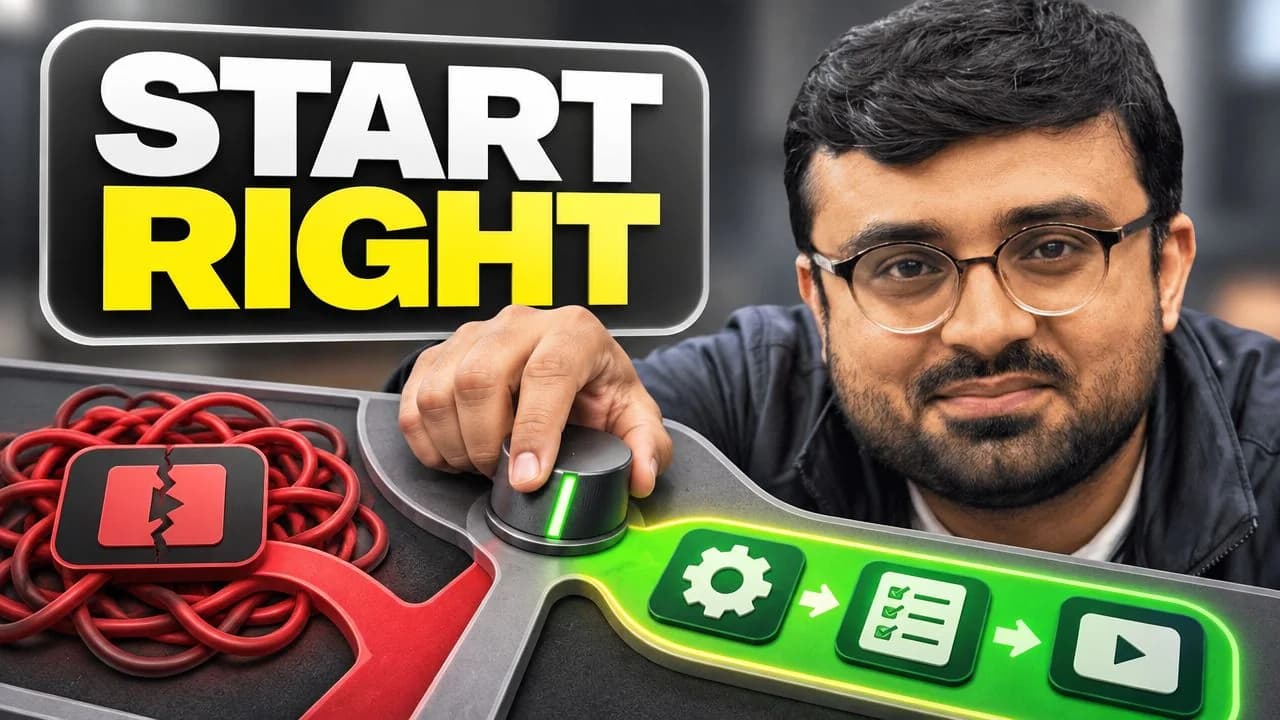 Creator pointing toward a colorful channel strategy board beneath Start Right lettering