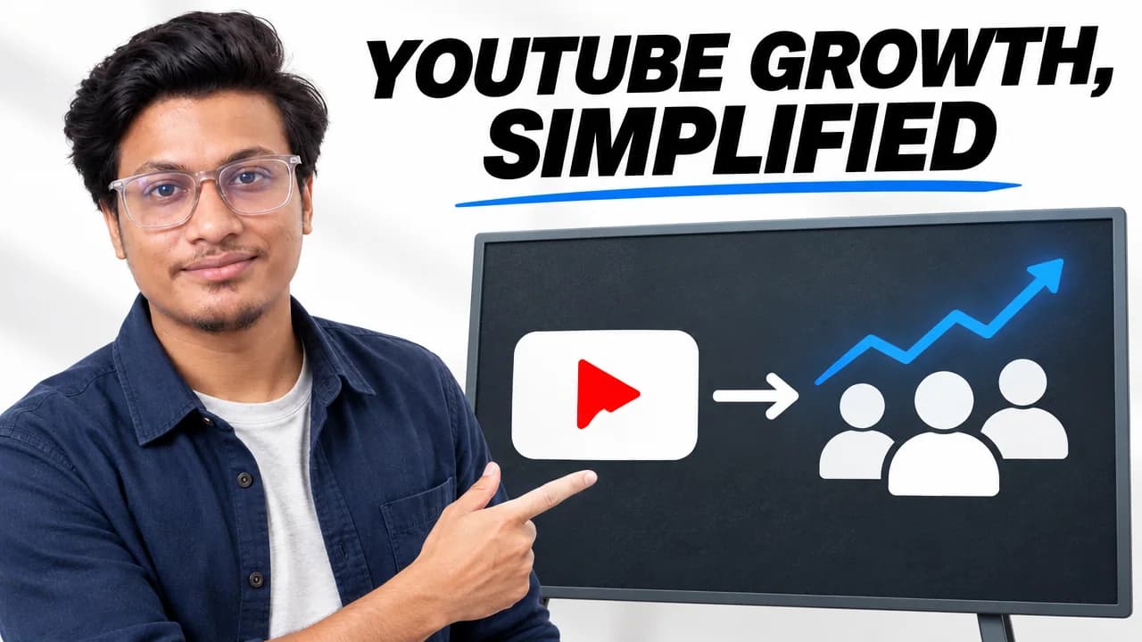 Creator pointing to a teaching board showing a video, an audience and an upward arrow
