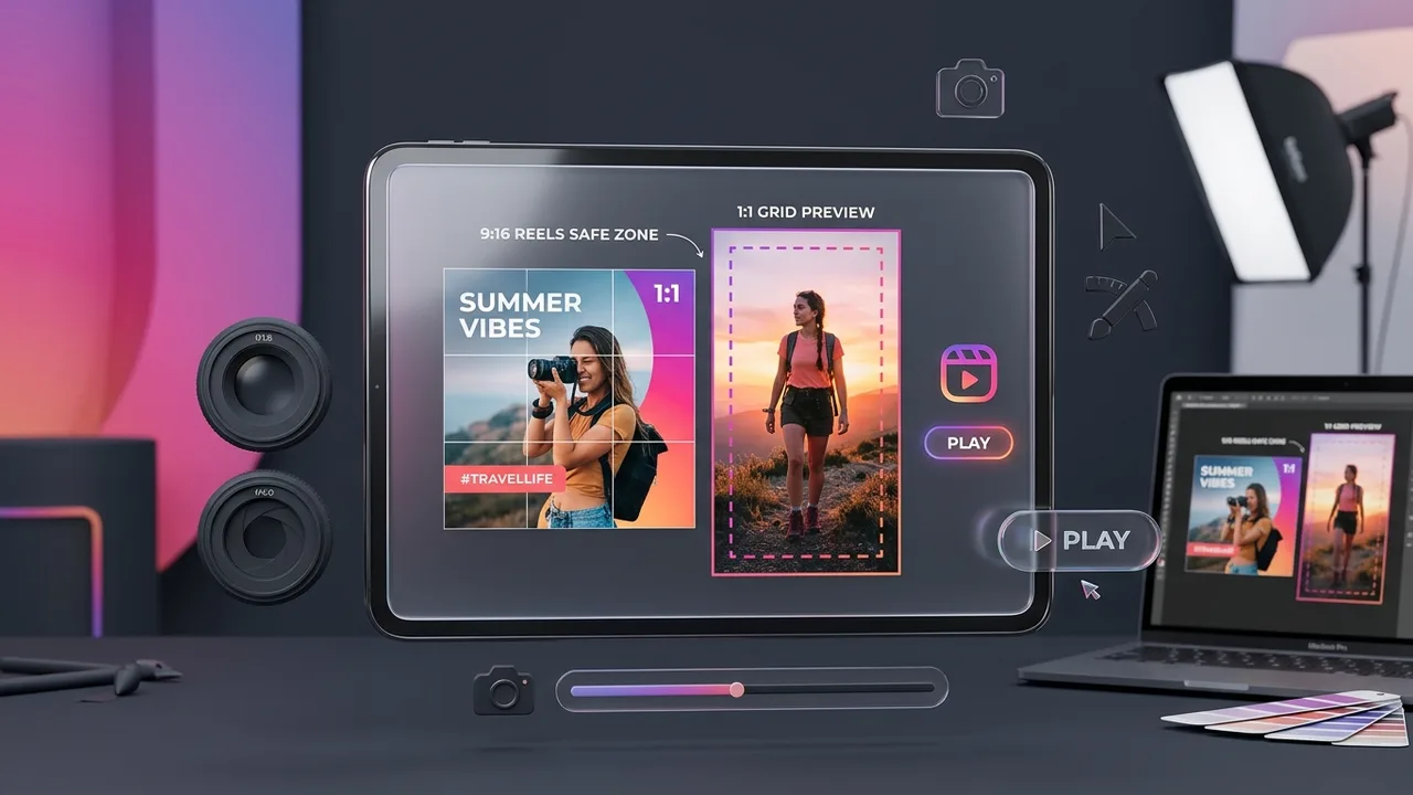 Instagram video thumbnails and Reels cover design with 1:1 grid preview and 9:16 safe zones
