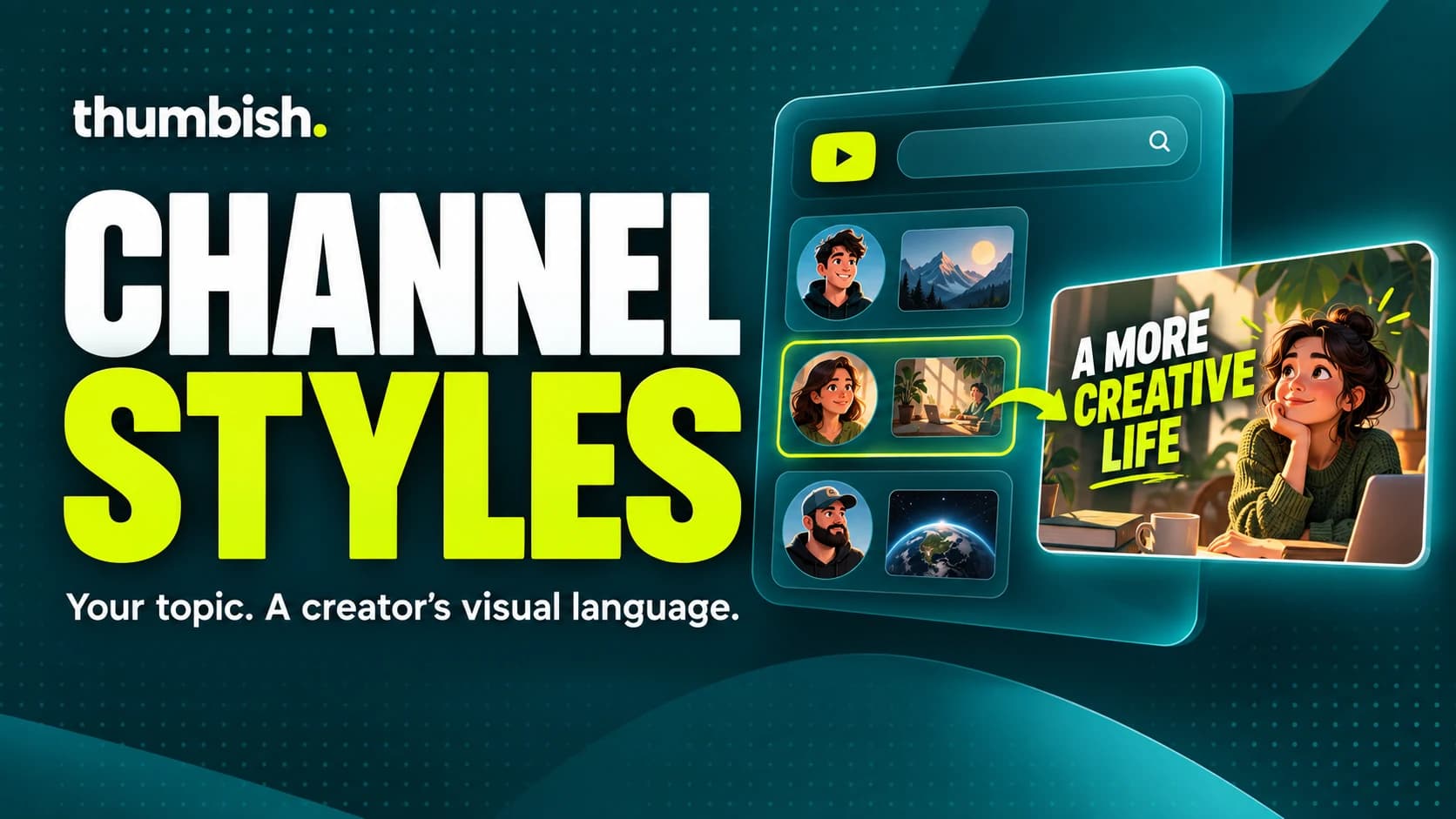 Channel Styles: a conceptual creator search connected to a new thumbnail in Thumbish teal and lime