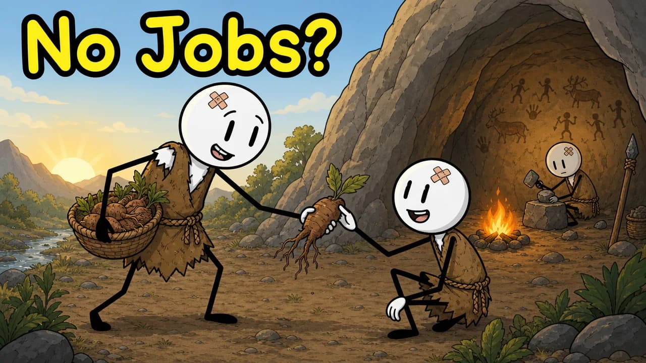 Illustrated prehistoric figures exchanging food beside a cave